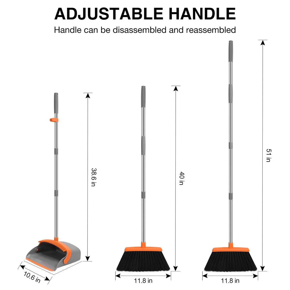 NACENA Juego de escoba y recogedor, 132 cm de largo, mango ajustable, combo con dientes recogedores para limpiar automáticamente el cabello, adecuado para el hogar, cocina, oficina, pasillo, suelo