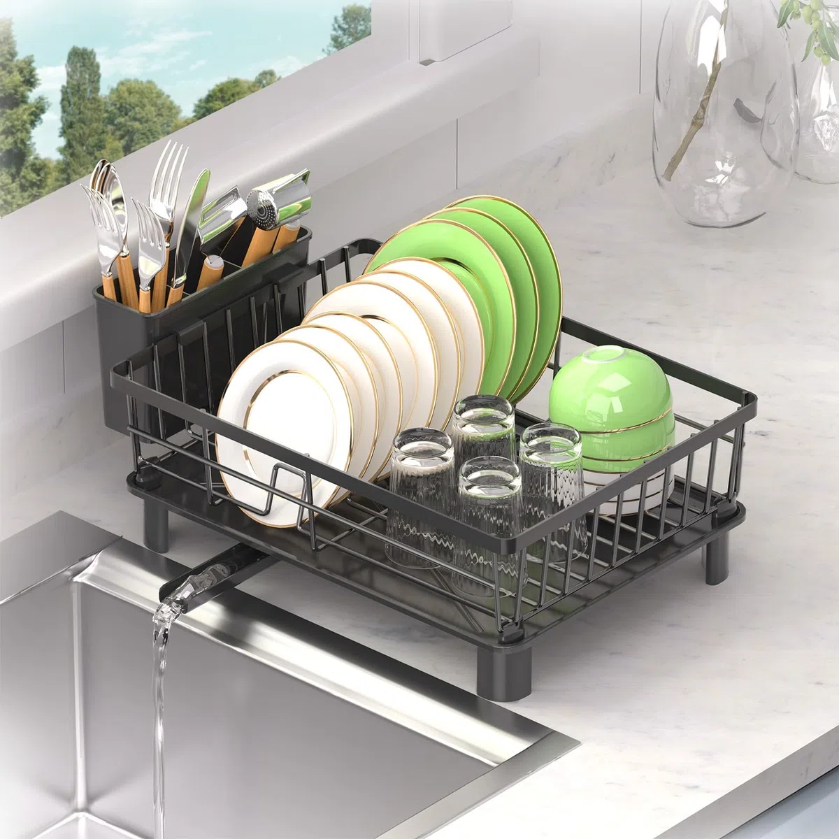 Escurridor de Platos,Escurreplatos de Acero Inoxidable con Drenaje Automático,Escurreplatos sobre Fregadero con Portautensilios und Boca de Vaciado Giratoria,Dish Drying Rack