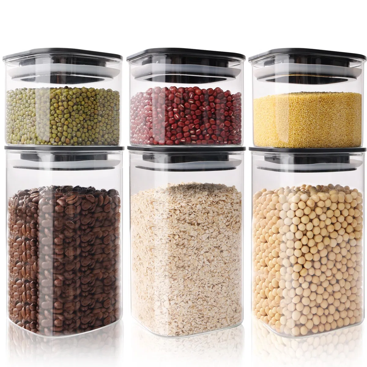 6PCS Tarros de Cristal con Tapa 1000ml/600ml, Herméticos & Apilables - Botes de Cristal con Tapa Cuadrados - Botes Cocina Almacenaje para Pasta, Cereales, Legumbres, Café