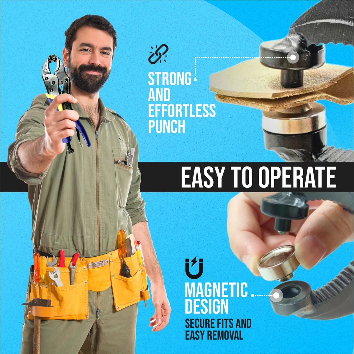 HAKKEN Herramienta de cierre a presión resistente ajustable con 3 troqueles magnéticos y 210 broches, broches de acero inoxidable de 15 mm, para cubierta de barco, reemplazo de broches de metal