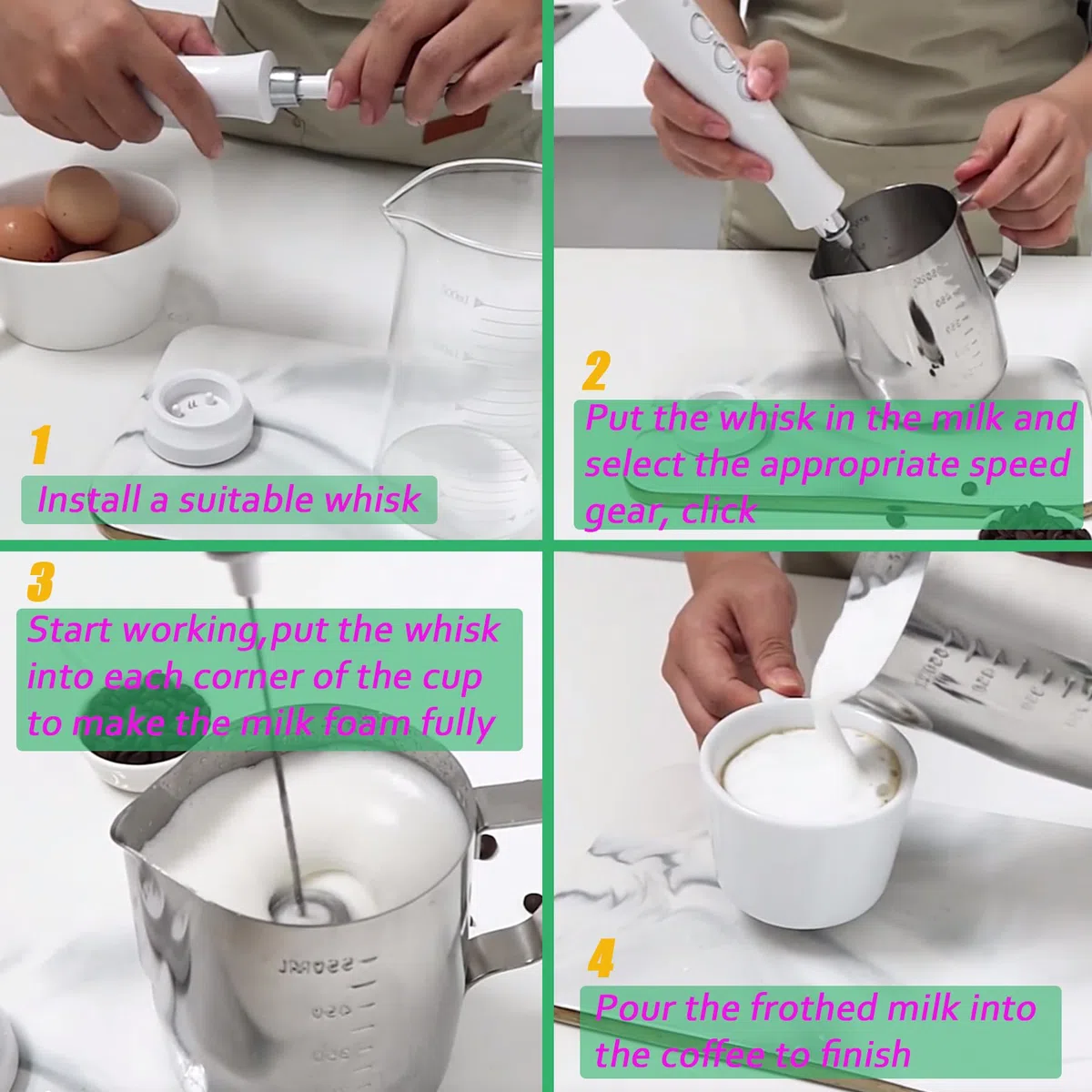 Espumador de Leche Eléctrico de Mano Moderno con 3 Velocidades, Incluye 3 Cabezales, Mini Batidora Blanca Recargable Para Espumar Café, Batir Huevos y Mezclar