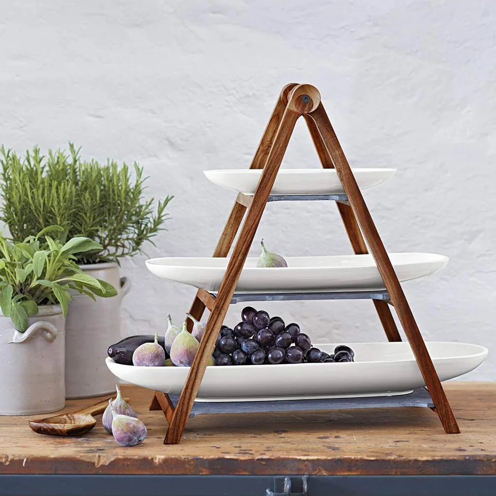 Villeroy & Boch - Artesano Bandeja de Pisos 4 Piezas Blanco, Apto para Lavavajillas, Apto para Microondas, Decoración Casa Moderna, Cerámica Decorativa, Madera de Acacia, Porcelana Premium, Esquisto