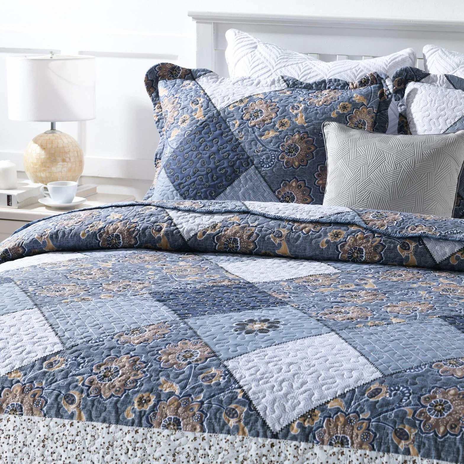 Qucover Cubrecama Patchwork para Cama 150 180,Colcha nordica bouti de piqué,Manta con Fundas de Almohada,Retazos Reversible para Matrimonio Verano King Size (Patchwork Azul, 230x250cm+50x70cm*2)