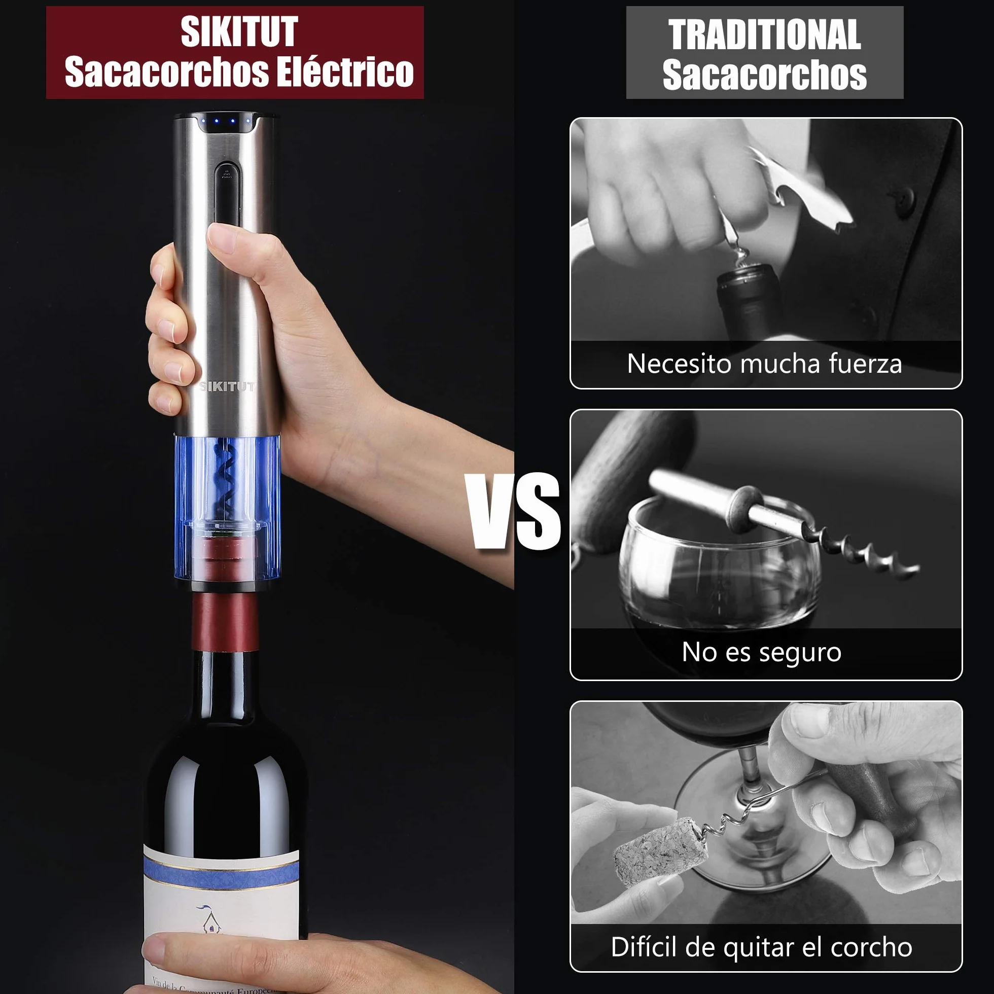 Sacacorchos Eléctrico,SIKITUT Abridor Botellas de Vino Inalámbrico,Automatico Abrelatas de Vino con Indicador LED de Batería y Base de carga USB y Cortador de Papel,Acero Inoxidable