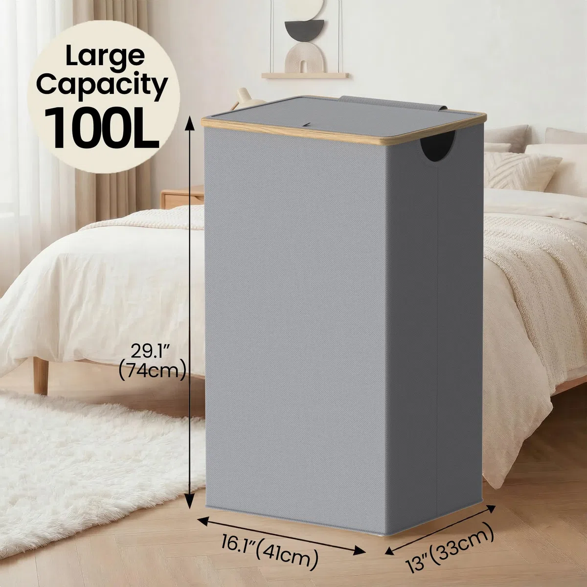 efluky Cesto Alto Grande de 100 L con Tapa y Asas de Bambú para Ropa sucia, Cubo Plegable laundry basket XXL con Bolsa Interior Gris