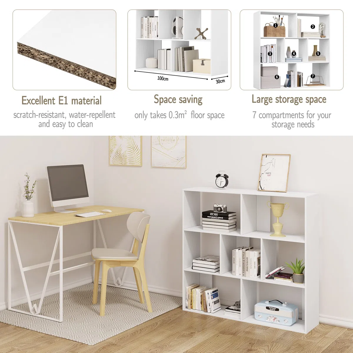 eSituro Librería de Madera, Estantería Libros de 3 Niveles | 7 Estantes Modulares de 2 Tamaños, para Salón, Oficina, Dormitorio, Estudio, Blanco, 100x100x30 cm, SBKC0042