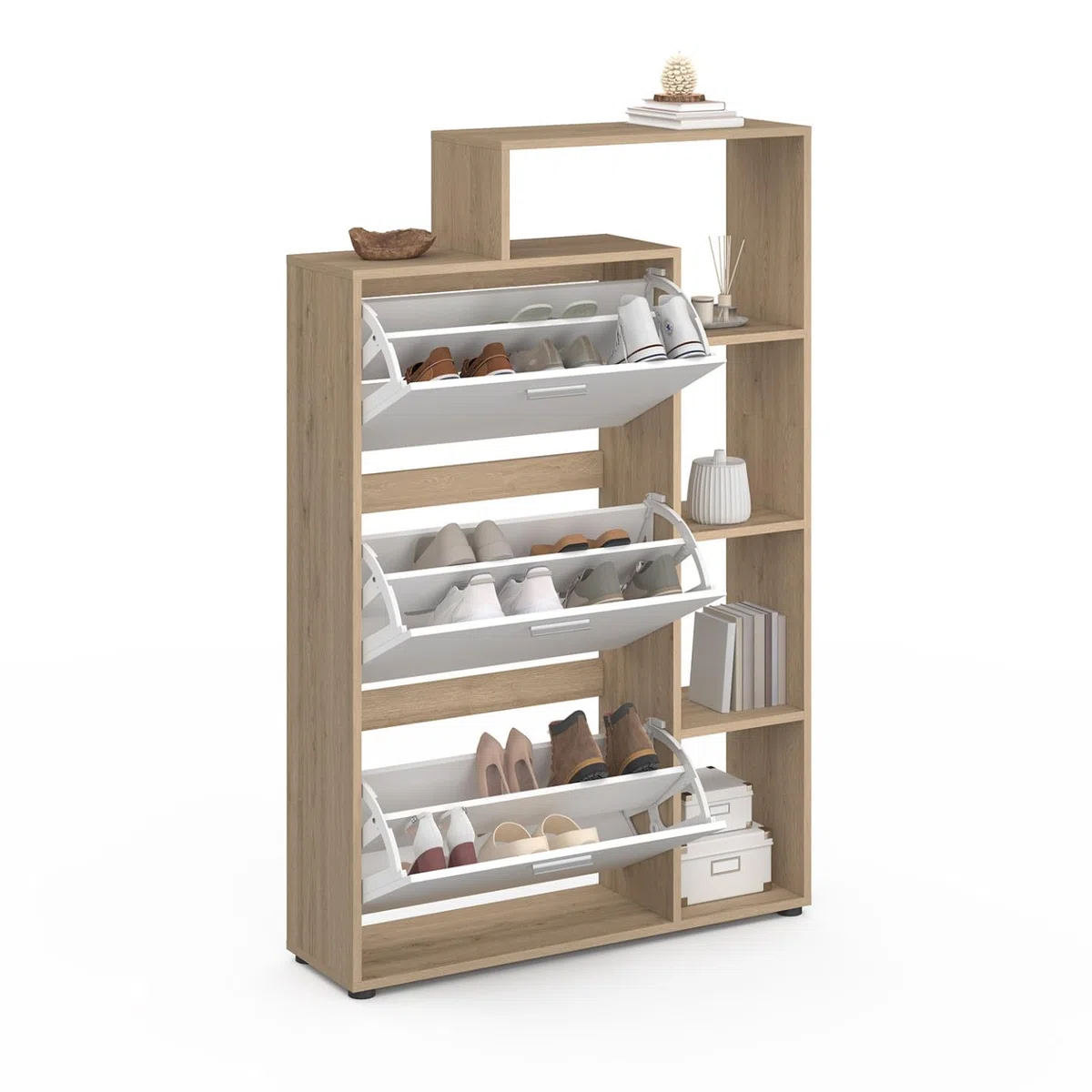 IDMarket KLARK - Zapatero, imitación de haya, 3 puertas blancas, con estante