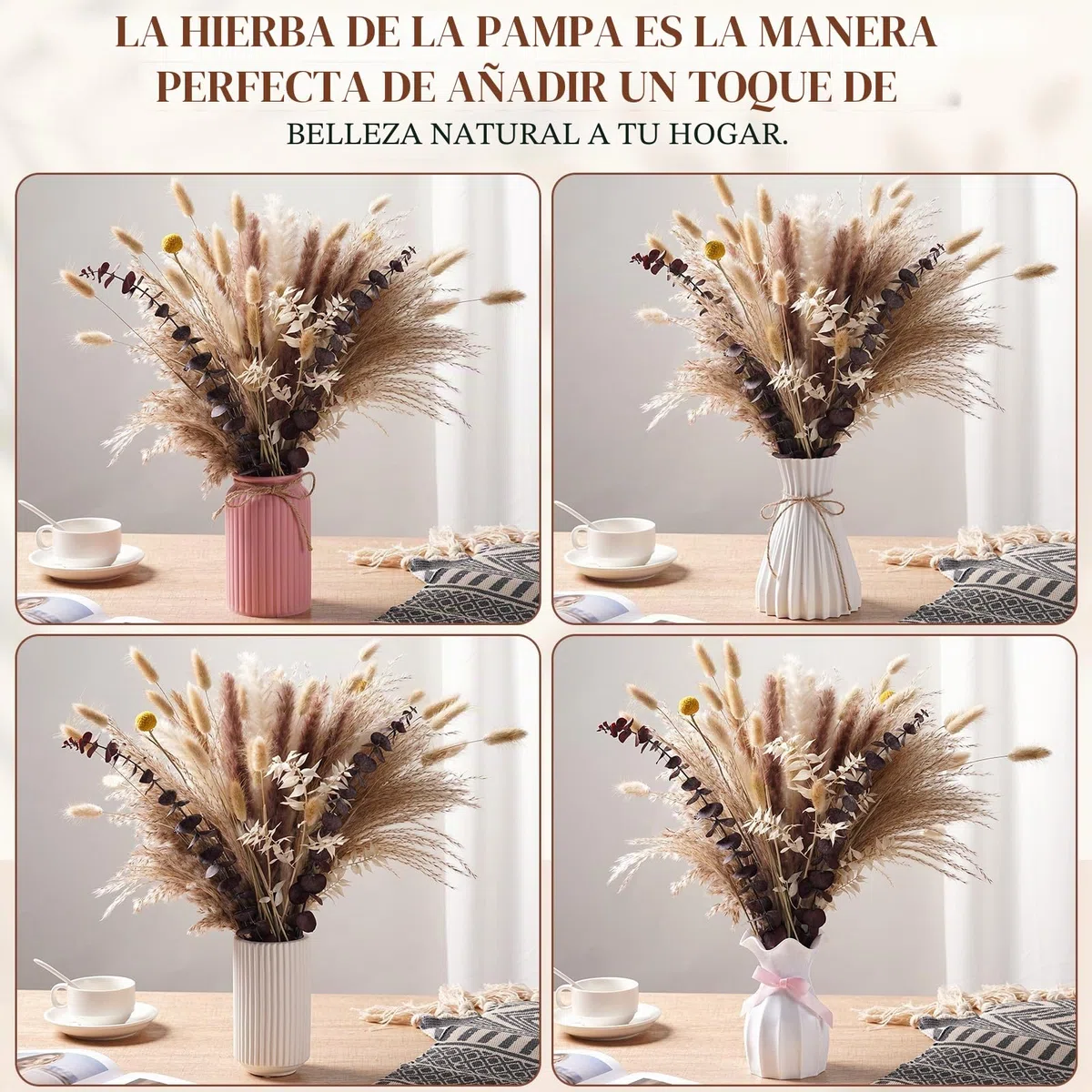 89pcs de Decoración con Pampas Secas - Decoración Boho para Mesa Pampas Marrón y Blanco para Bodas, Fiestas Rústicas y Decoración Floral Artificial de Pampas & Decoración de Verano para el Hogar