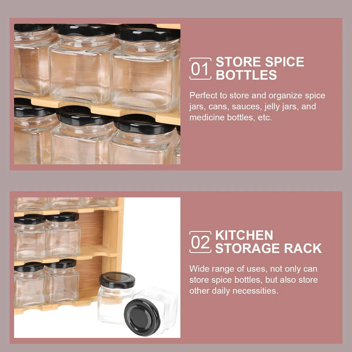 SHINEOFI Soporte Versátil para Especias de Madera y Vidrio Estructura de Múltiples Capas para Organizar Botes de Condimentos en Cocina, Adecuado para Almacenamiento