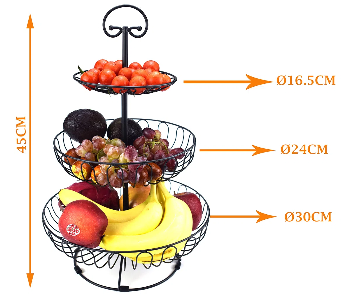 Azatemgo Cesta de Frutas Metal - Elegante Soporte 3 Niveles, Capacidad Extra, Fruteros Modernos de Cocina, Negro 30 x 45 cm