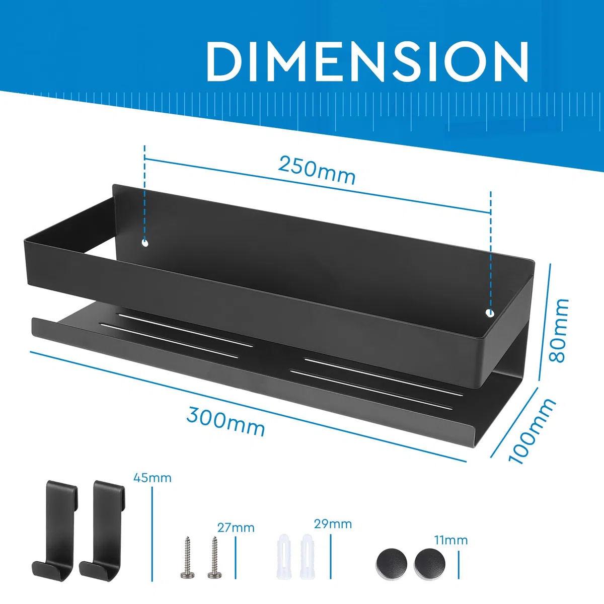 EXLECO Estanteria Baño Pared 30CM Estante Ducha sin Taladro Acero Inoxidable, Cesta da Ducha Autoadhesiva con 2 Ganchos, Repisas Baño Organizador Accesorios para Jabonera Champú y Gel, Negro
