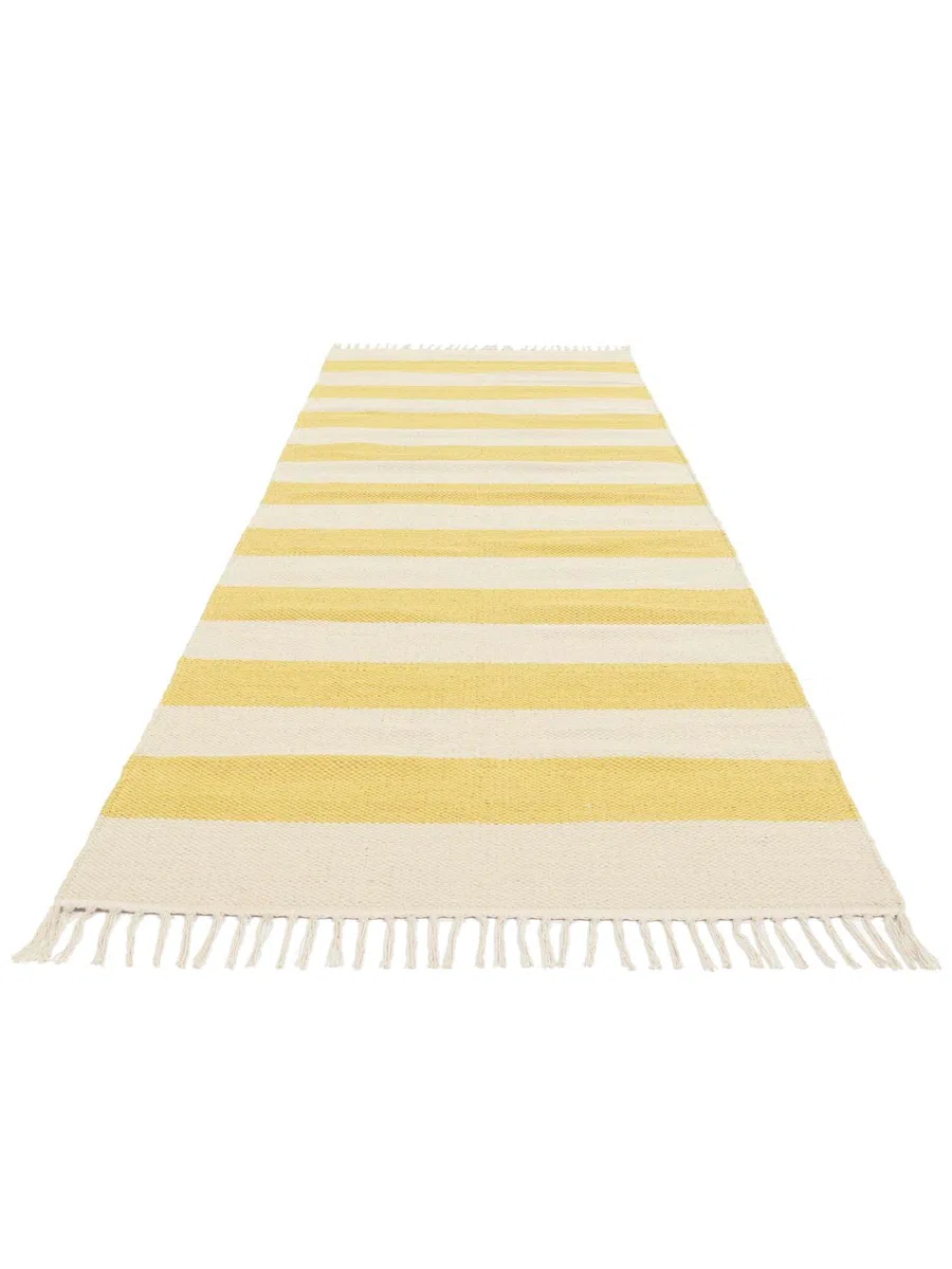 RugVista Cotton Stripe Alfombra, 80 x 300 cm, Amarillo | Kilim, Rectangular, Pelo corto, Limpieza en seco, Sala de estar, Dormitorio, Cocina, Pasillo