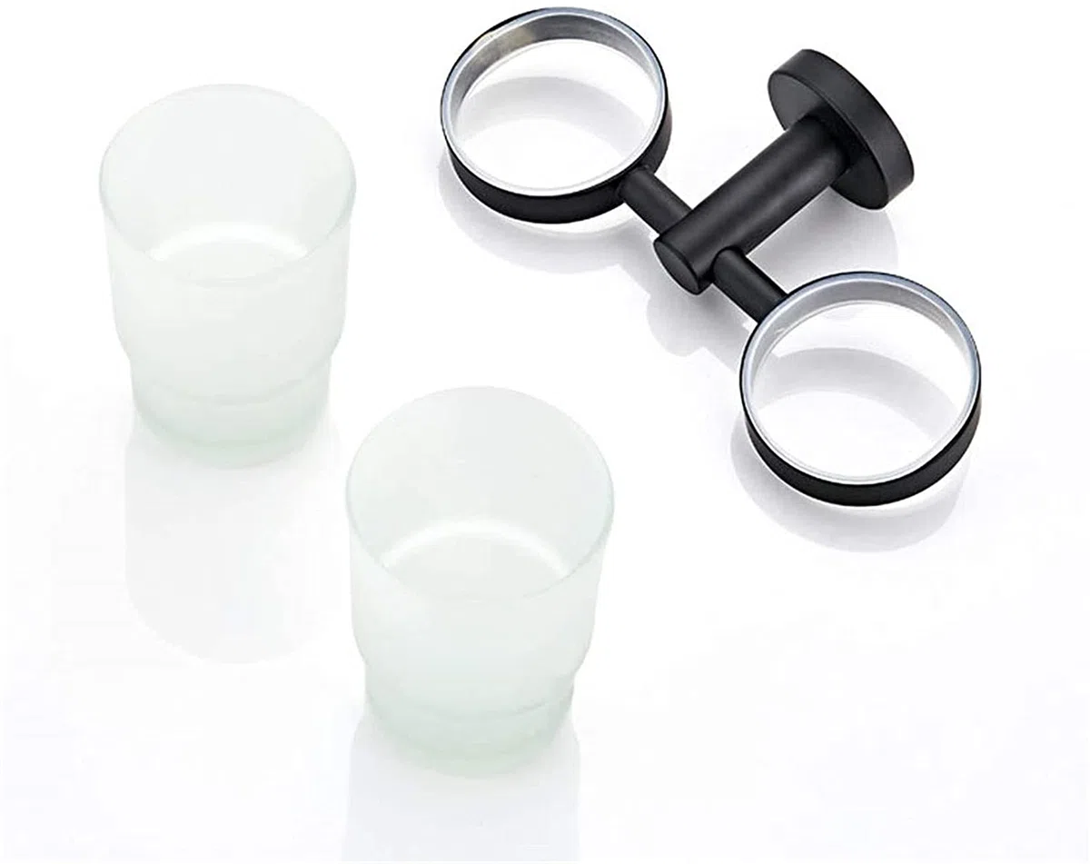 Soporte doble para cepillo de dientes de pared negro mate, soporte doble de latón con 2 vasos de cristal, accesorios de baño elegantes, decoración moderna para el hogar y el spa