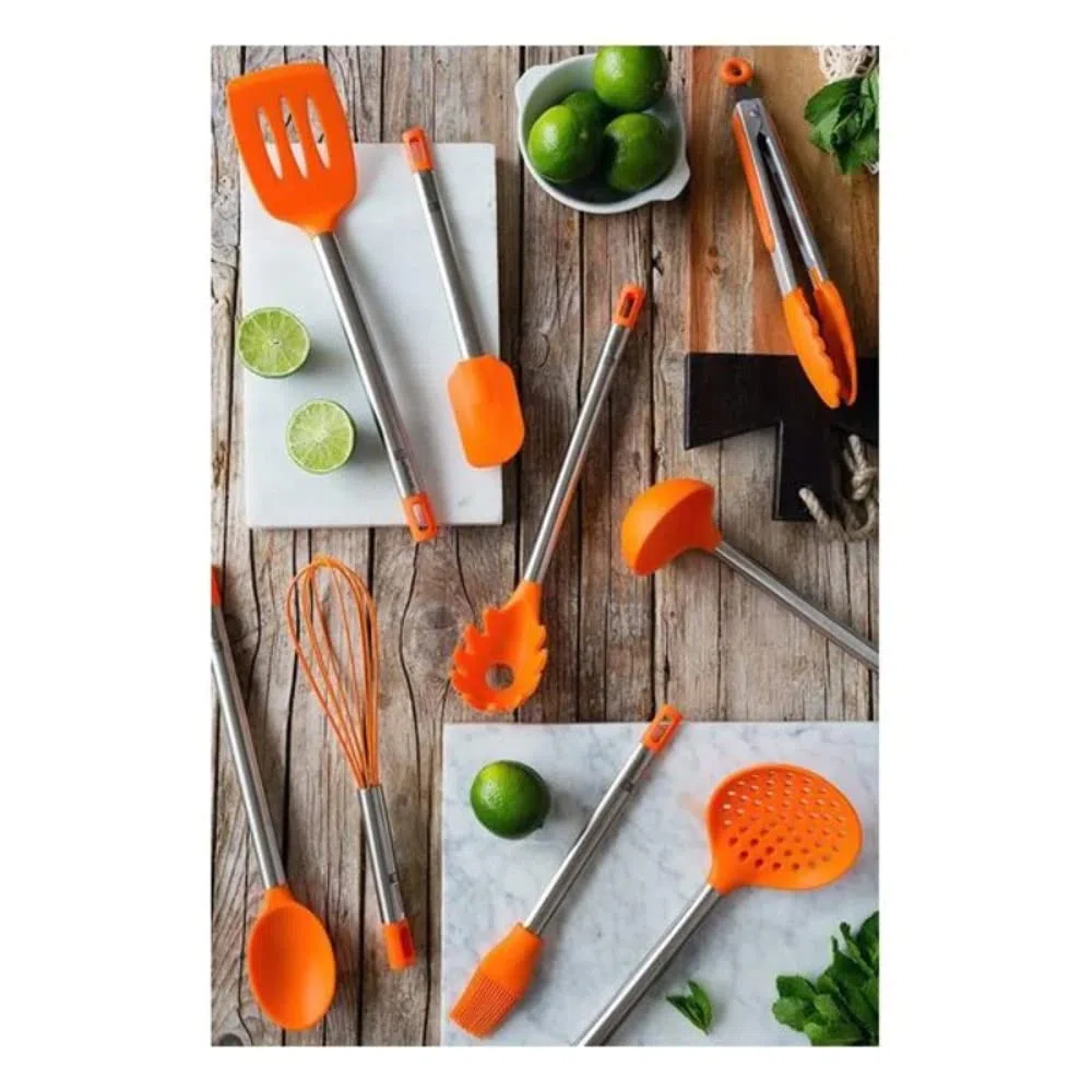 BRA Efficient | Conjunto De 5 Utensilios De Cocina Y Carrusel, Acero INOX, Nailon y Silicona, Naranja, 14.5 x 15 x 37.5 cm