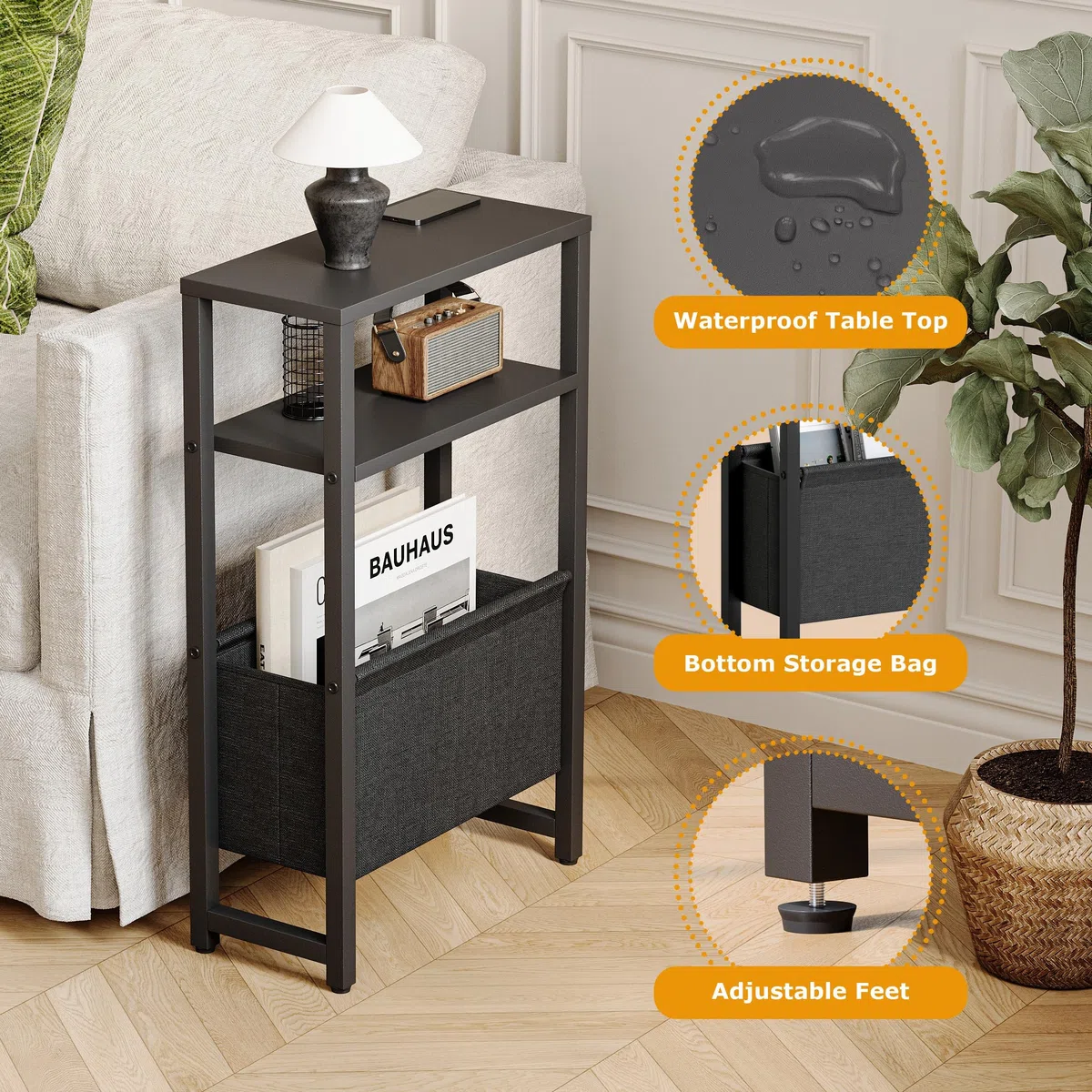 Mesa Auxiliar De 3 Niveles para Espacios Pequeños Mesa Lateral Delgada con Cesta de Tela de Almacenamiento Mesita De Noche Mesas Auxiliares para Sofás para Sala De Estar Dormitorio Negro LET503B