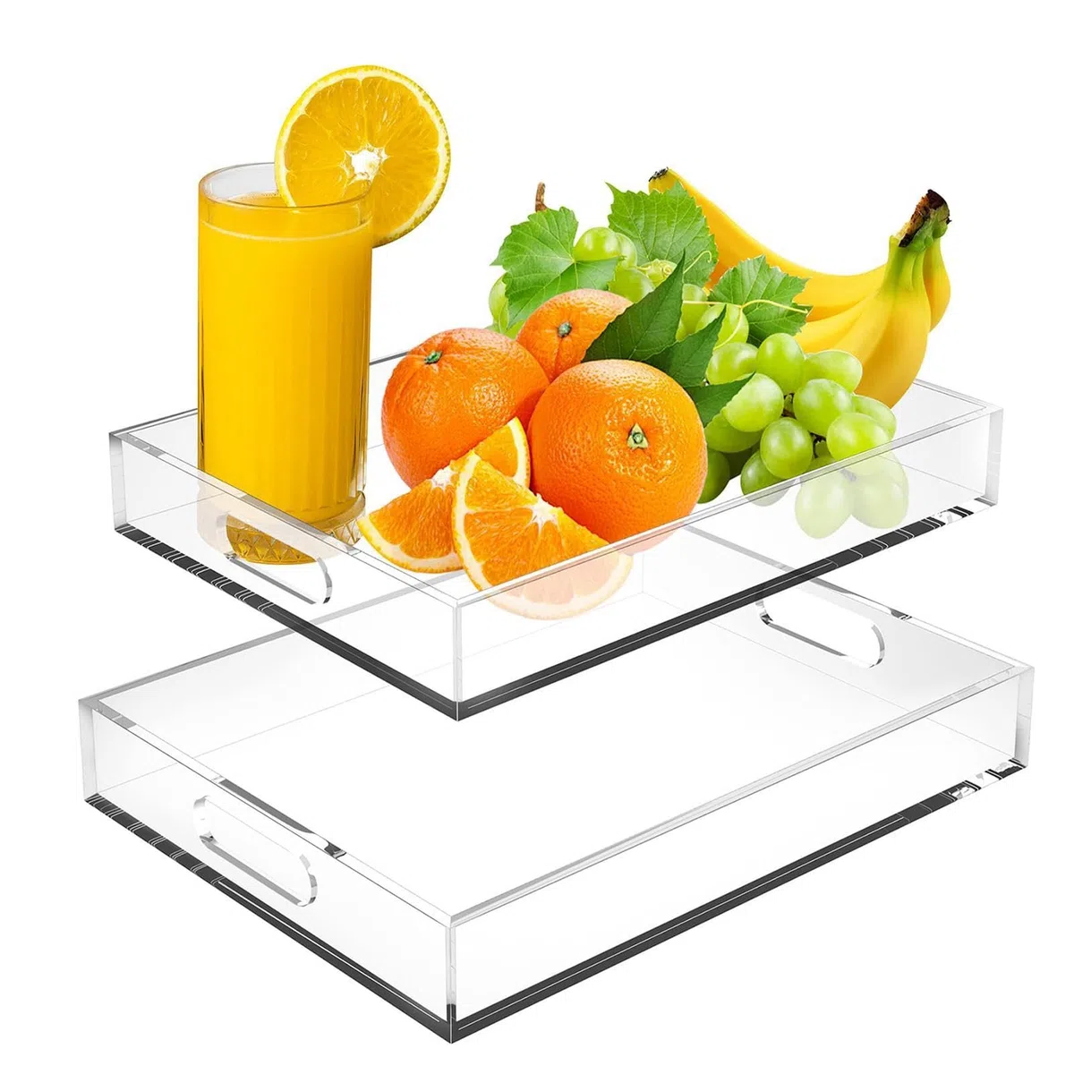 Bandeja de Servicio Transparente Juego de 2, herméticas con asas, | Bandeja de Servicio Antideslizante de Acrílico Para Mesa de Centro, Alimentos, Baño, Cocina, Cafetería, Comed