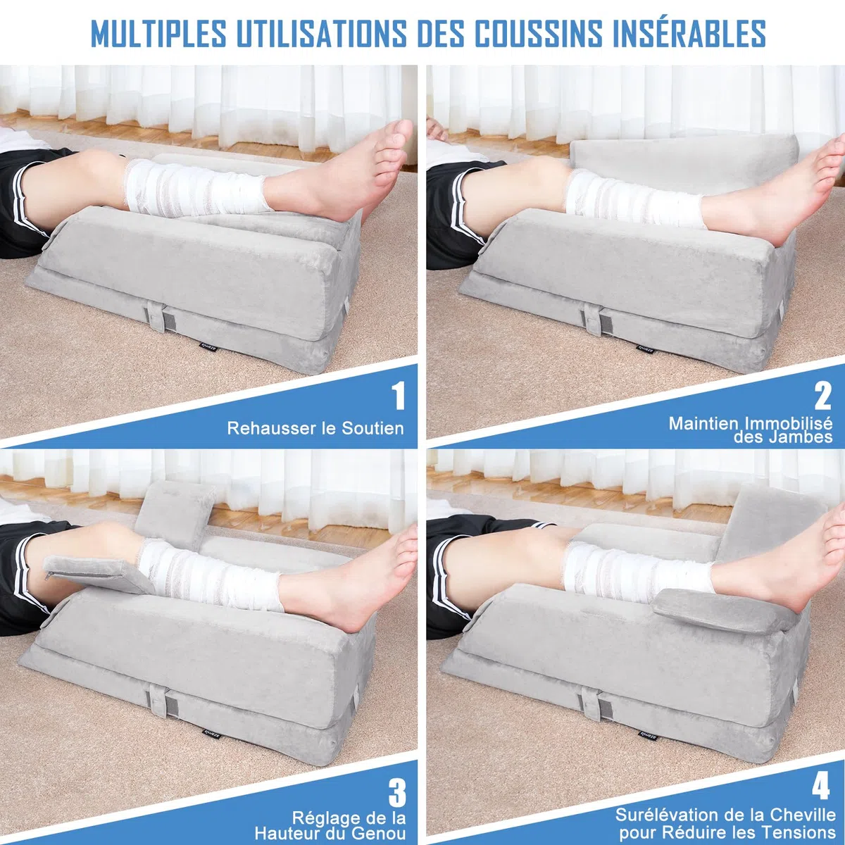 Cojines de elevación de piernas ajustables en 4 alturas, ideal después de una cirugía, para lesiones o relajación, espuma de memoria ortopédica, con 3 asas y un inserto extraíble, funda de terciopelo