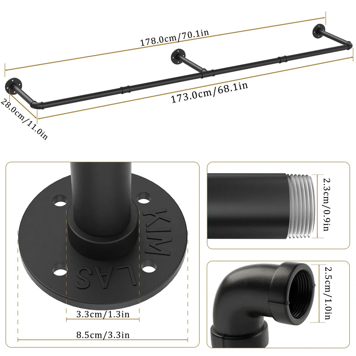 Yawinhe Perchero de Pared Industrial, Perchero para colgar ropa, 180cm, Colgante de Prendas de Metal Retro Desmontable montado en la Dormitorio, Sala de estar, Cocina, 1-Pack
