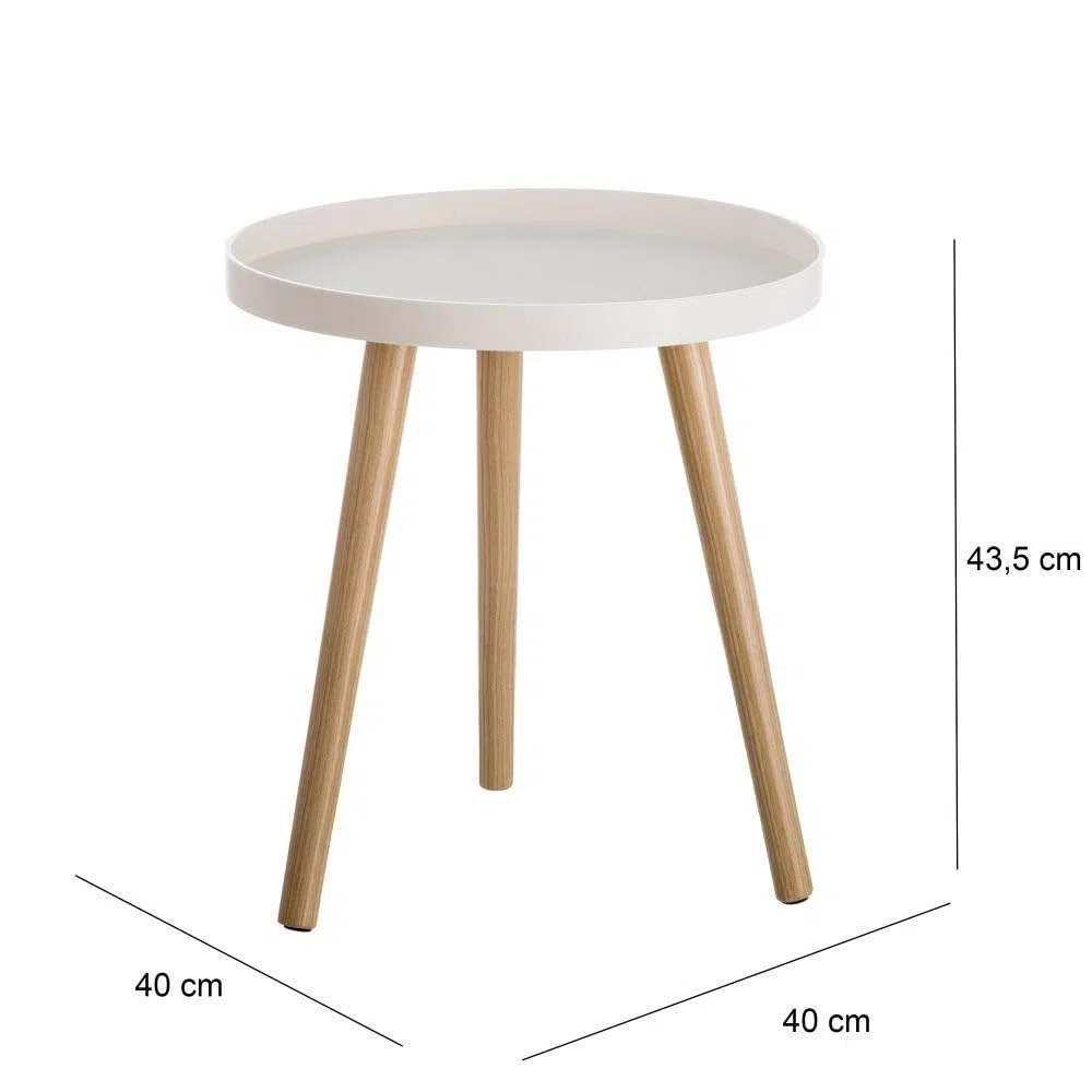 LOLAhome - Mesa Auxiliar de Polipropileno Blanco con 3 Patas de Madera de 40 cm de Diámetro y 43 cm de Altura Moderna para Salón o Dormitorio