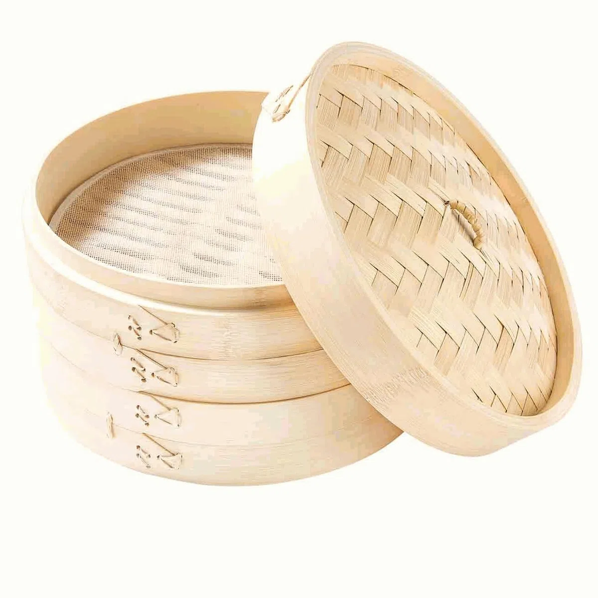 CHEFZOCO Cesta de Vapor de Bambú para Cocinar Asiático, Steamer de bambú, Canasta para vapor, Vaporera de bambú, Dim sum basket, Diámetro 24 cm, Altura 15.3 cm, 2 pisos, 800 gramos