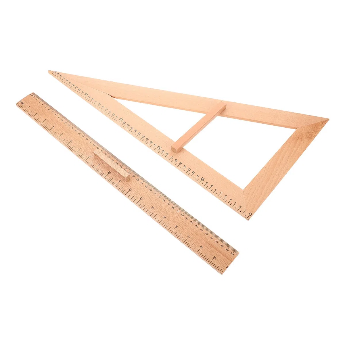 Regla Recta y Escuadra de Madera 50 CM 2 Piezas Herramienta de Medición para Estudiantes en Dibujo y Costura
