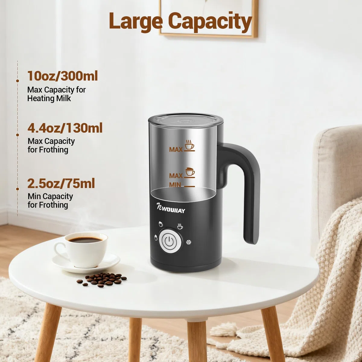 Espumador de Leche 4 en 1 Espumador Leche Eléctrico 600W 300ML Control de Temperatura Inteligente Espuma Caliente y Fría Calentador para Cappuccino, Chocolate caliente, Latte