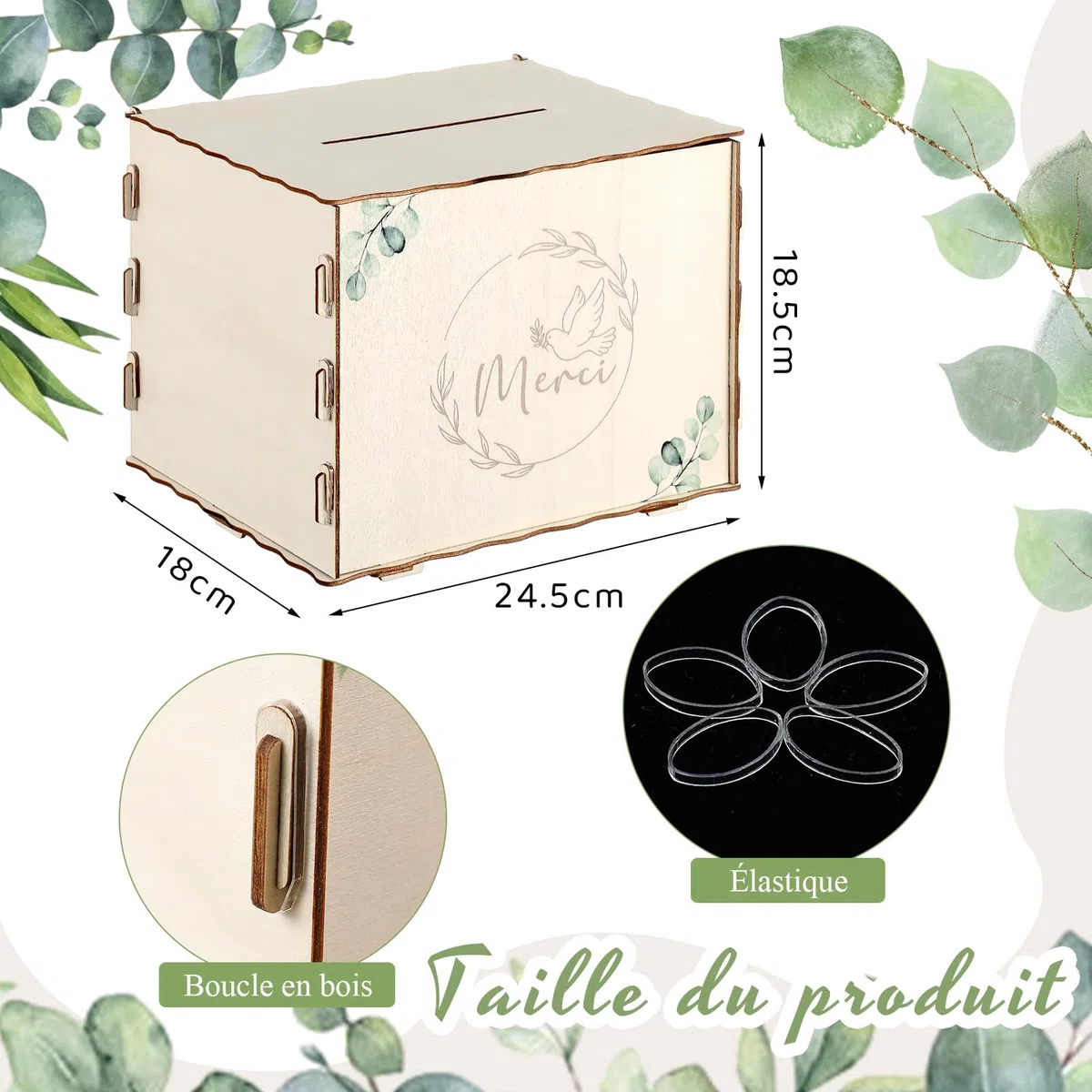 Namalu Urna de Cumpleaños Bautizo Caja deTarjetas Hucha de Madera Alcancía Decorativa para Bodas Decoración Festiva Caja de Regalo para Cartas Sobres y Dinero(Merci, Paloma, Eucalipto)