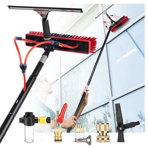 Kit de Limpieza con pértiga de Agua – Cepillo de Aluminio de 15 m con dispensador de jabón, rasqueta y Manguera de 20 m – Ideal para Lavar Paneles solares y Limpiar Exteriores.