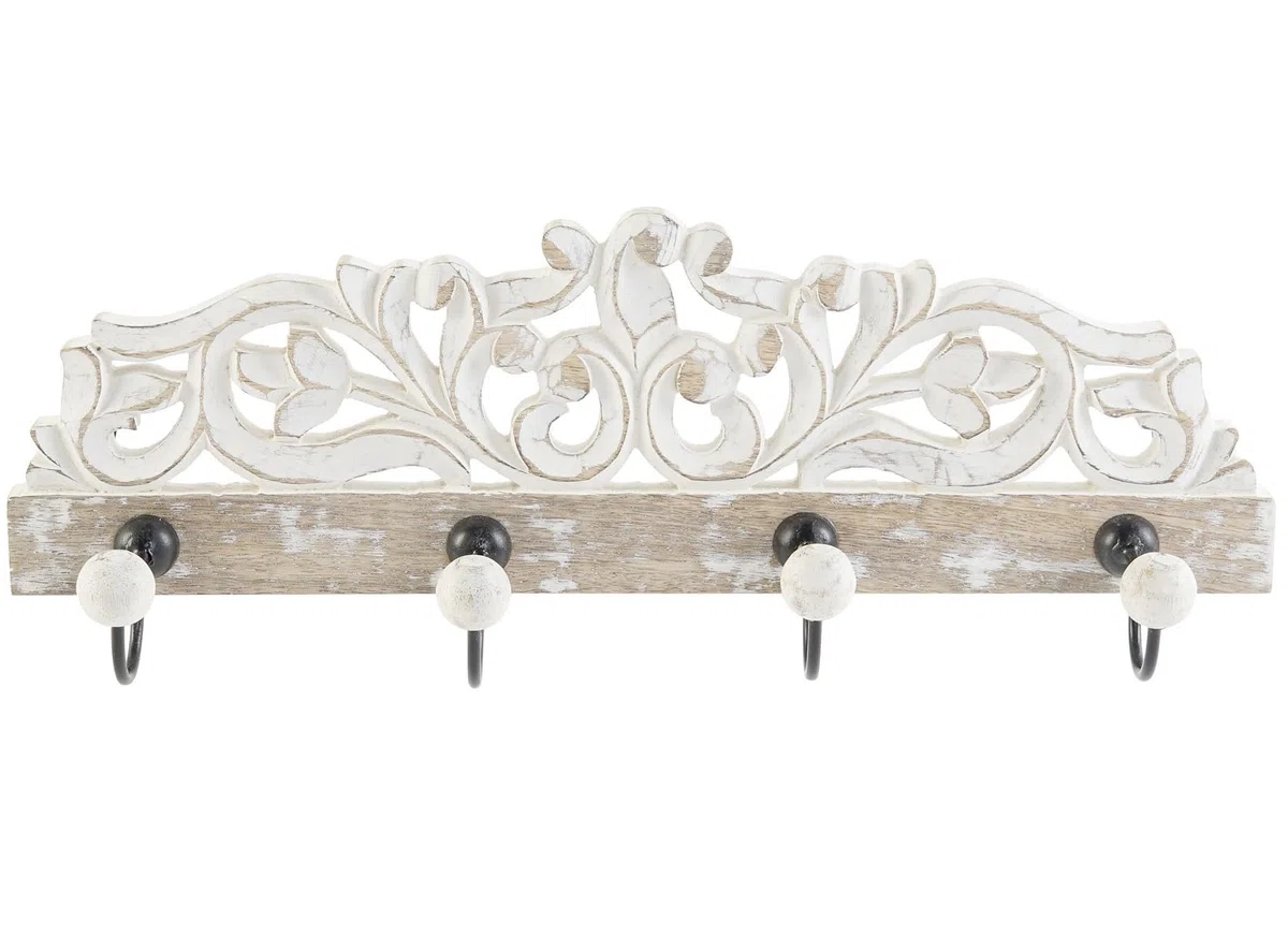 Perchero de pared mango madera tallado floral metal con 4 colgadores resistentes 40x9x13 cm (Tallada floral)