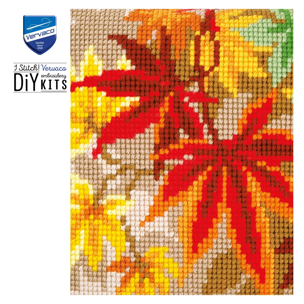Vervaco Punto De Cruz Kit Cojin Decorativo HOJAS DE OTOÑO Manualidades Adultos Decoracion Bordar Kit Principiantes Completo DIY Bordado Creativo Regalo ca. 40x40 cm Cross Stitch Embroidery