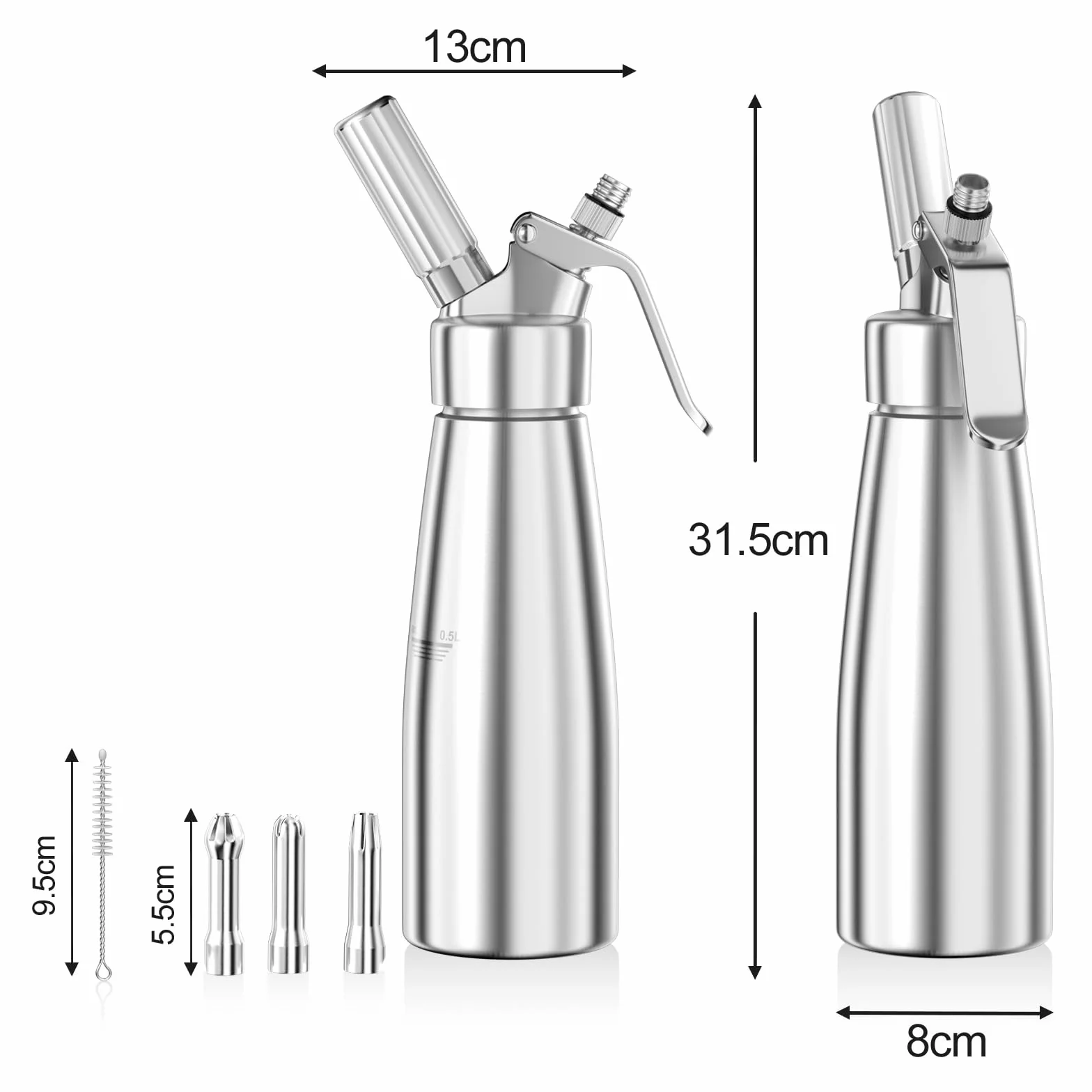 Fousenuk 500 ml Sifón de Cocina Espumas, Dispensador de Crema Aluminio con 3 Boquillas Acero Inoxidable y 1 Cepillo, Sifon de Nata para Decorar Pasteles de Cumpleaños, Pastelería, Helados y Postres