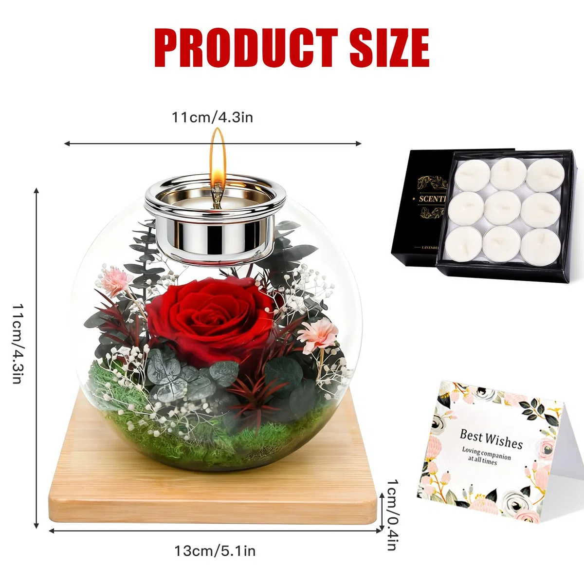 Rosa eterna en cristal, regalos para mujeres, flores conservadas para mujeres, mamá, novia, contacto redondo de cristal con 18 velas perfumadas, regalo para Navidad, día de la madre, día de San