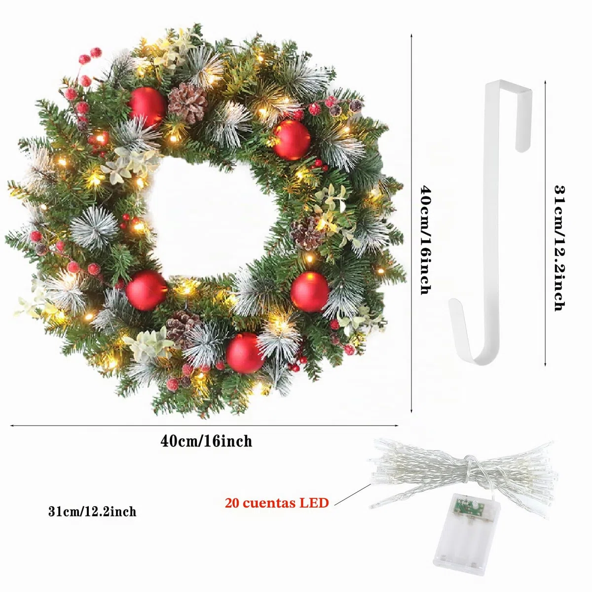 Guirnalda navideña de 40 cm, decoración para puerta de entrada, con luces LED y gancho, guirnaldas artificiales para ventana, chimenea, decoración navideña de pared, para interior y exterior,