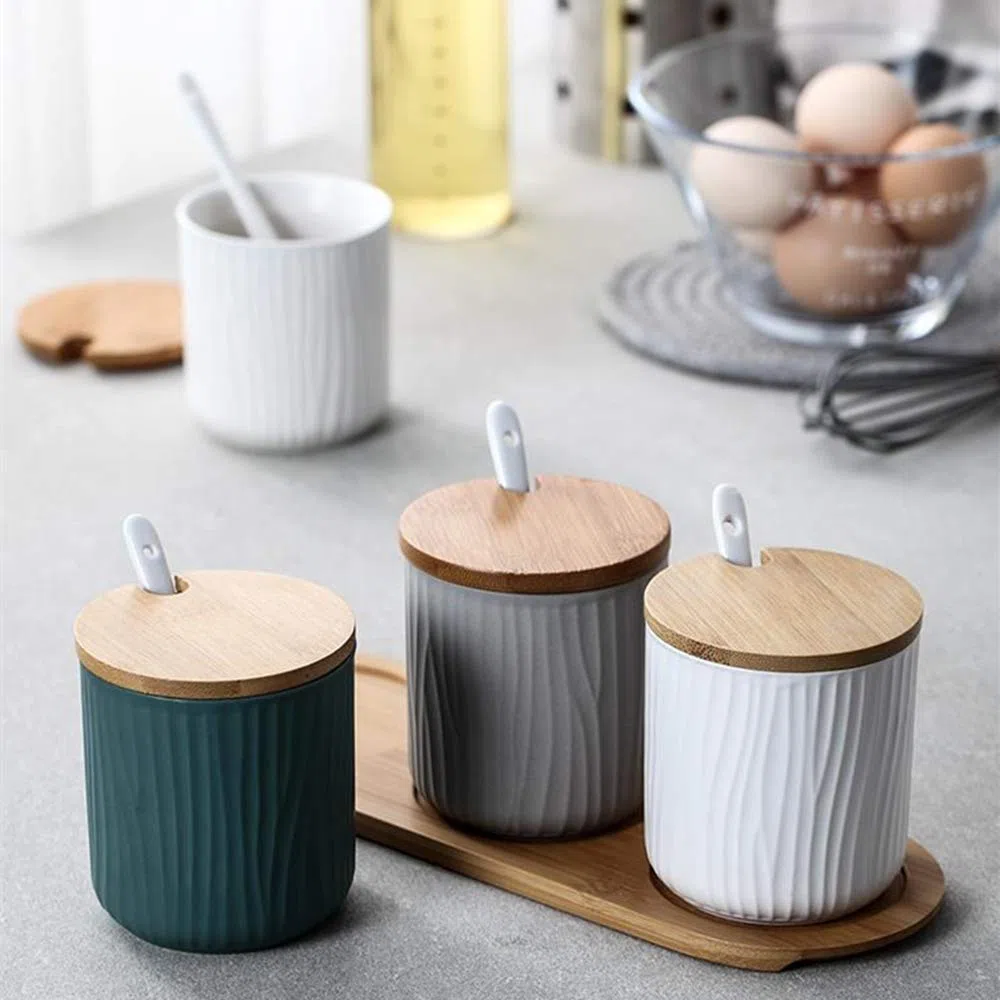 Juego de 3 Tres Colores Azucarero, azucarero de cerámica azúcar Pot con Tapa de bambú y Cuchara, Cocina