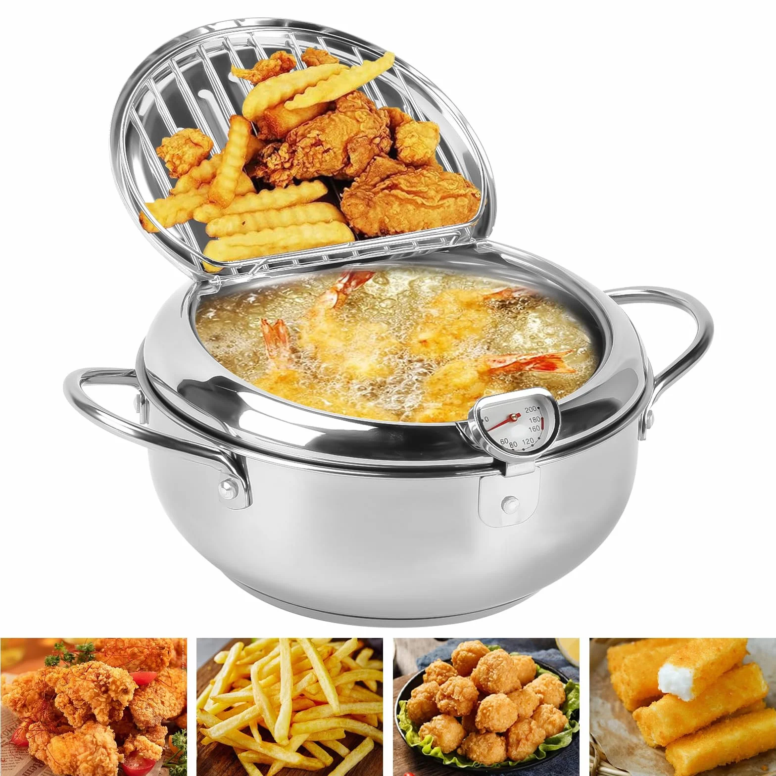 Olla Freidora,Olla para Freír de Acero Inoxidable de Estilo Japonés con Escurridor de Goteo de Aceite y Tapa,Mini olla Freidora Profunda para Freír Tempura,Pollo francés (Plata, 20cm)
