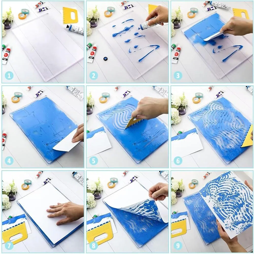 Placa de Impresión de Gel Grande, Tablero de Monoimpresión Transparente de 9x12 Pulgadas con 4 Plantillas Raspadoras, Placas de Gel Reutilizables para Imprimir