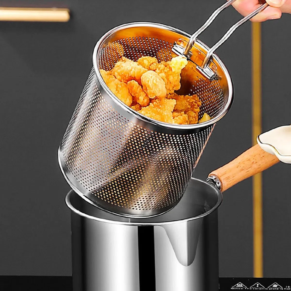 Olla Freidora Con Cesta Coladora | Freidora Acero Inoxidable Con Malla Y Tapa A Prueba De Polvo | Sartén Pequeña Multifuncional Para Grasa, Freír, Cocinar