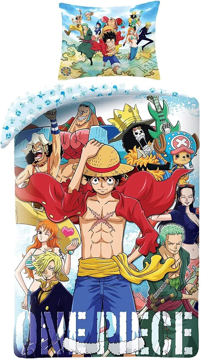 One Piece Funda Nórdica Luffy 140x200 + Funda Almohada 70x90 100% Algodón | Reversible | Algodón natural Oeko-Tex | Multicolor | Luffy y personajes | Licencia oficial One Piece | 8-25