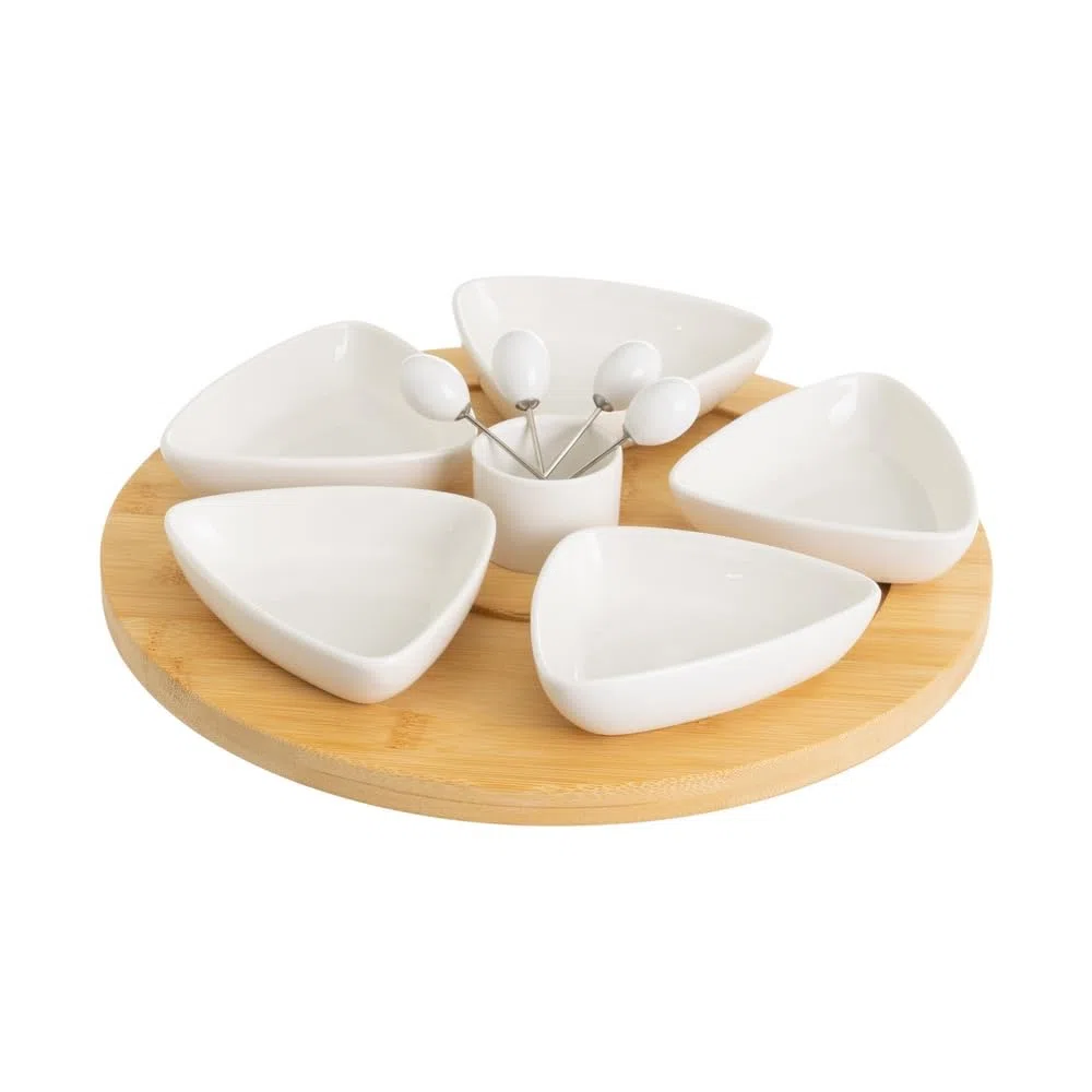 Juego de 6 platos de aperitivo blancos de porcelana con bandeja de bambú natural de Ø 30 cm