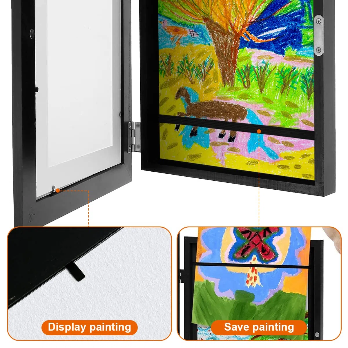 Mamamax - Marco de fotos de arte para niños, marco de dibujo infantil, para cambiar, marco de fotos artístico con bisagra, contiene 150 marcos de visualización de obras de arte, apertura frontal para