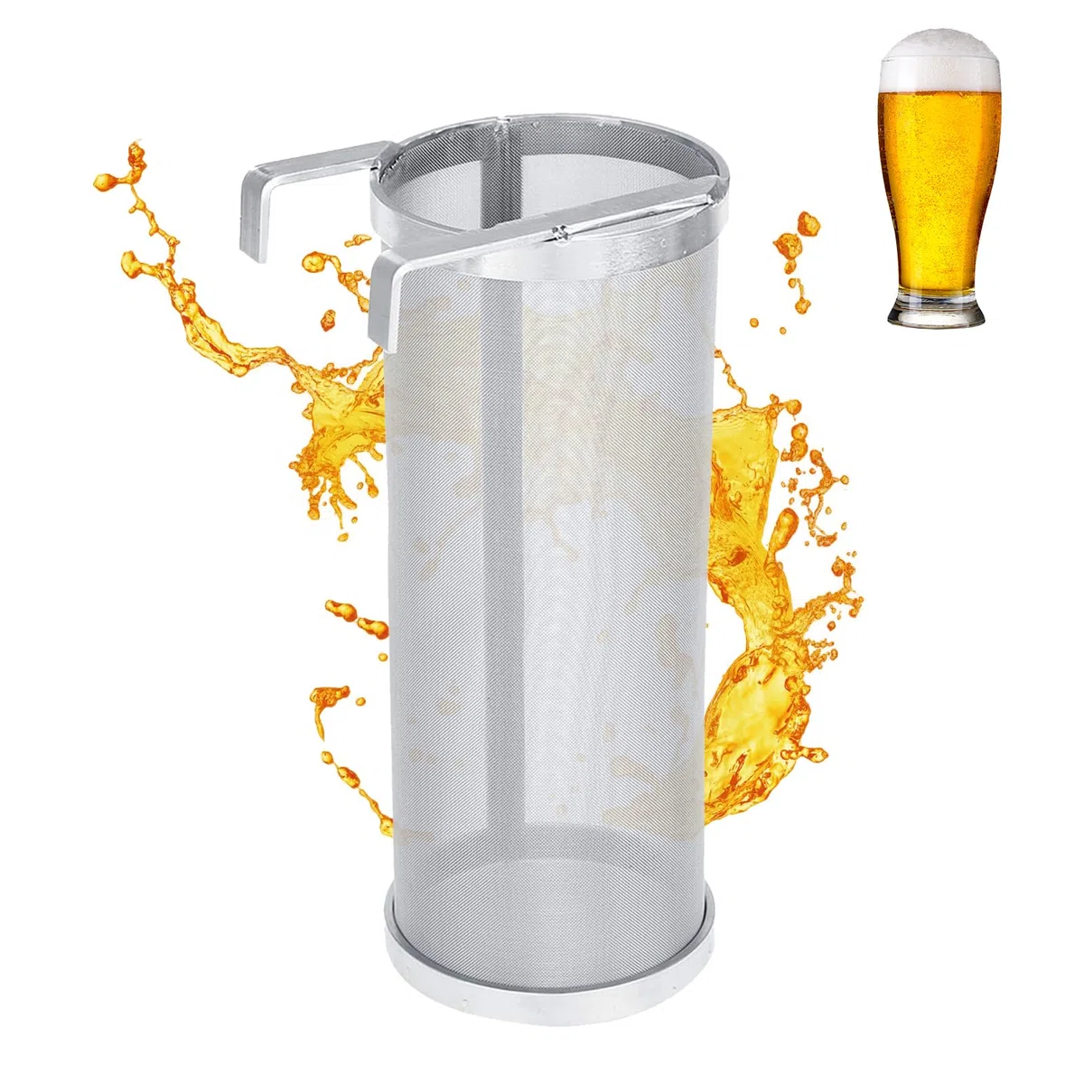 Filtro de elaboración de Cerveza, Acero Inoxidable de 300 micras, colador de lúpulo de Cerveza casero con Gancho para Equipo de Barril de hervidor de elaboración (10 * 25,5 cm)