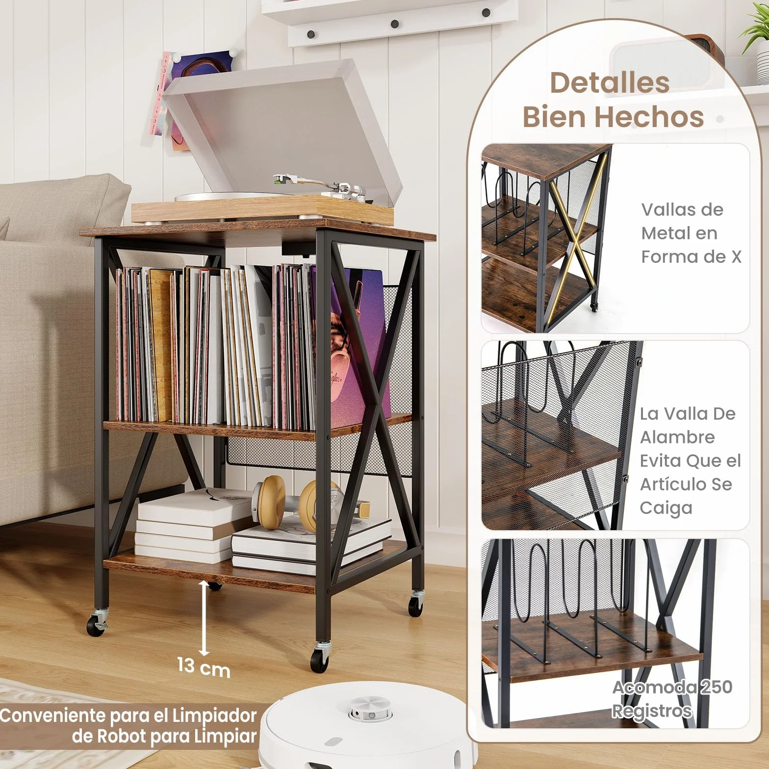 GOPLUS Soporte para Tocadiscos, Estante de Almacenamiento para Vinilos de 3 Niveles con Estación de Carga Incorporada y Ruedas Bloqueables, Soporte para Giradiscos (Marrón Rústico)