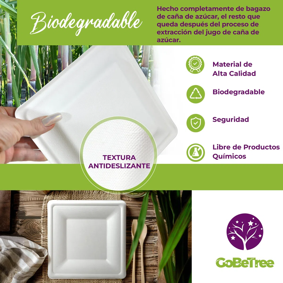GoBeTree 100 platos de caña de azúcar cuadrados de 20 cm blancos. Platos desechables extrafuertes, Para camping, picnic, fiestas, barbacoas, cumpleaños.