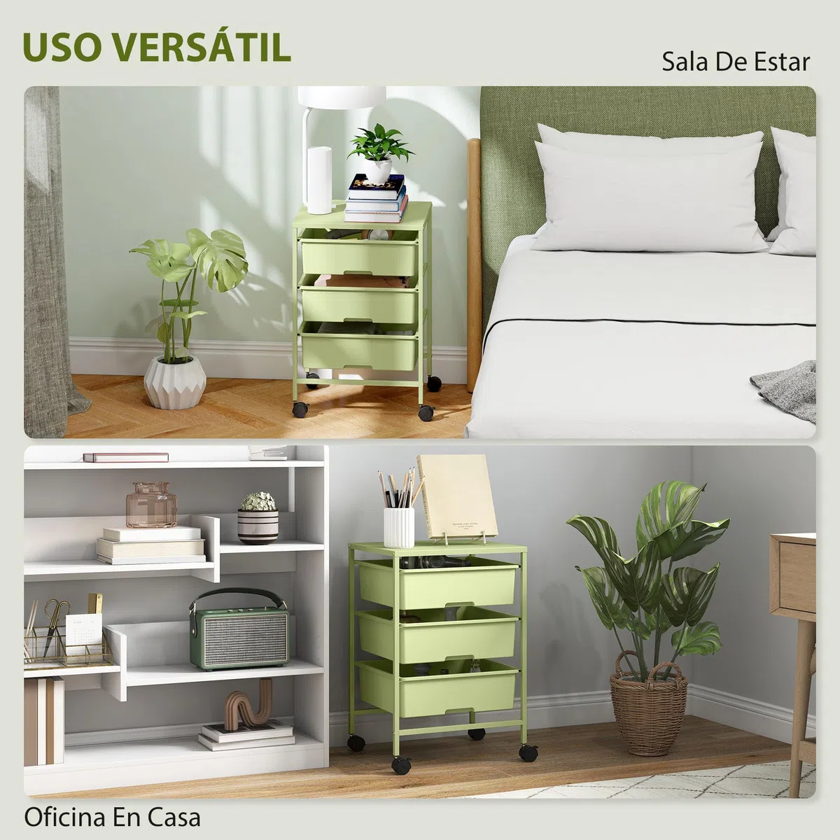 HOMCOM Carrito de Almacenamiento de 4 Niveles, Carrito de Cocina con Ruedas, 3 Cestas, Tablero y Marco de Acero, para Salón, Baño, Oficina, 40,8x33,5x60,5 cm, Verde