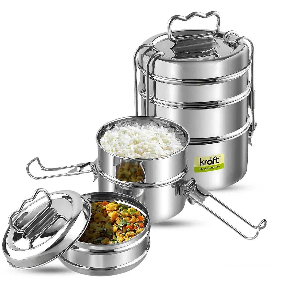 Kraft - Fiambrera de acero inoxidable con 3 compartimentos y asa, 2440 ml, con tapa, a prueba de fugas, para oficina, escuela, contenedor de alimentos, ideal para hombres y mujeres, color plateado
