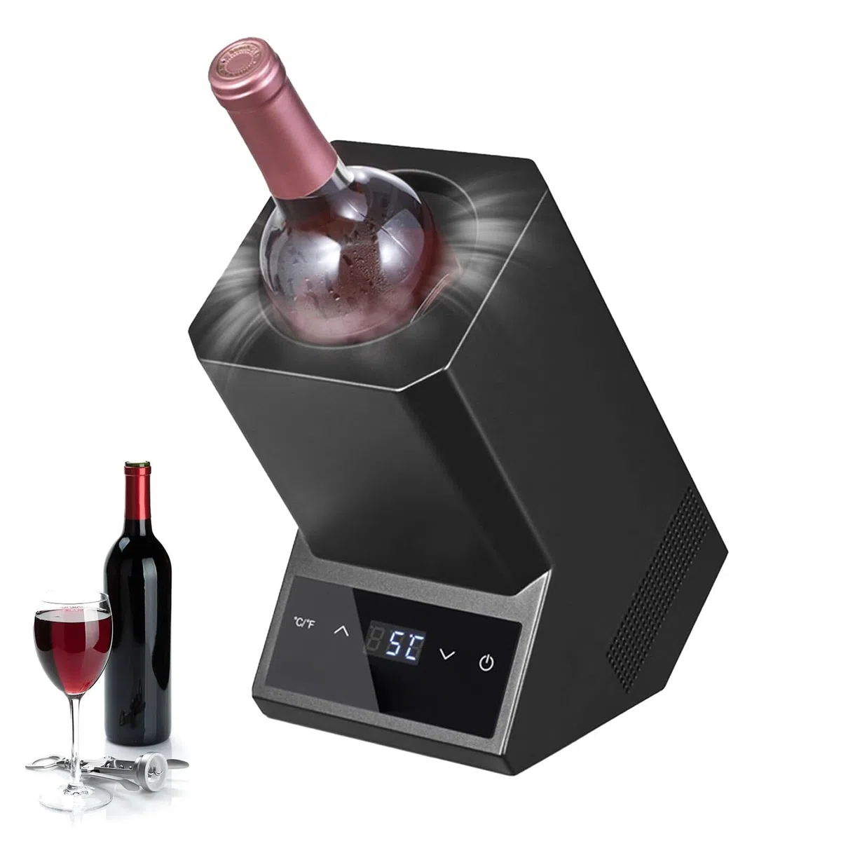 Enfriador de vino eléctrico, enfriador de vino de acero inoxidable para botellas de 750 ml, retención de frío durante 24 horas, se adapta a 3.6 pulgadas de diámetro, cubo de vino ideal para fiestas y