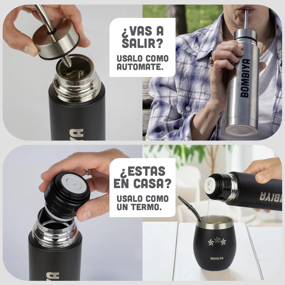 Termo mate autocebante con todas sus partes de acero inoxidable – Kit todo en uno solo agrega tu yerba – 2 en 1 cambiando su tapa es un termo clásico – La evolución del mate listo (Negro)
