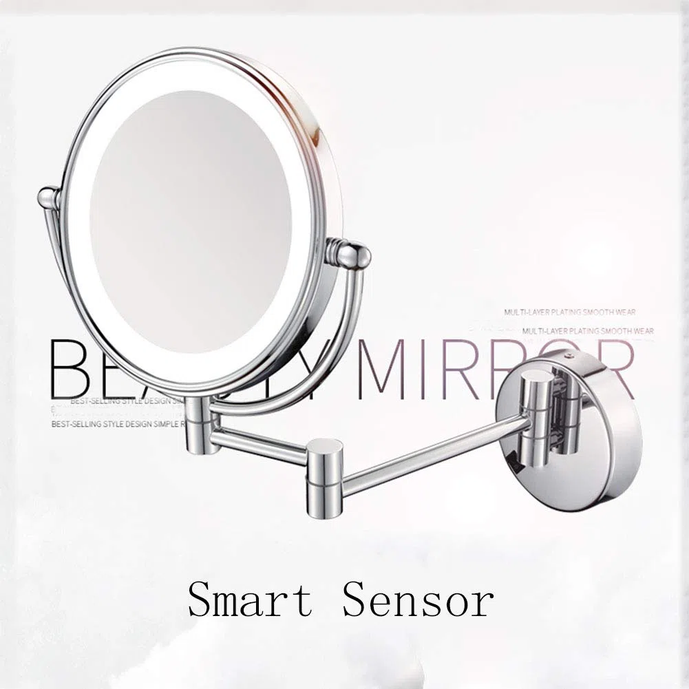 Espejo de Maquillaje, Espejo de maquillaje montado en la pared con aumento, espejo de tocador de baño de dos caras premium de 8 pulgadas con luz LED, giratorio de 360 grados, brazo extensible, redondo