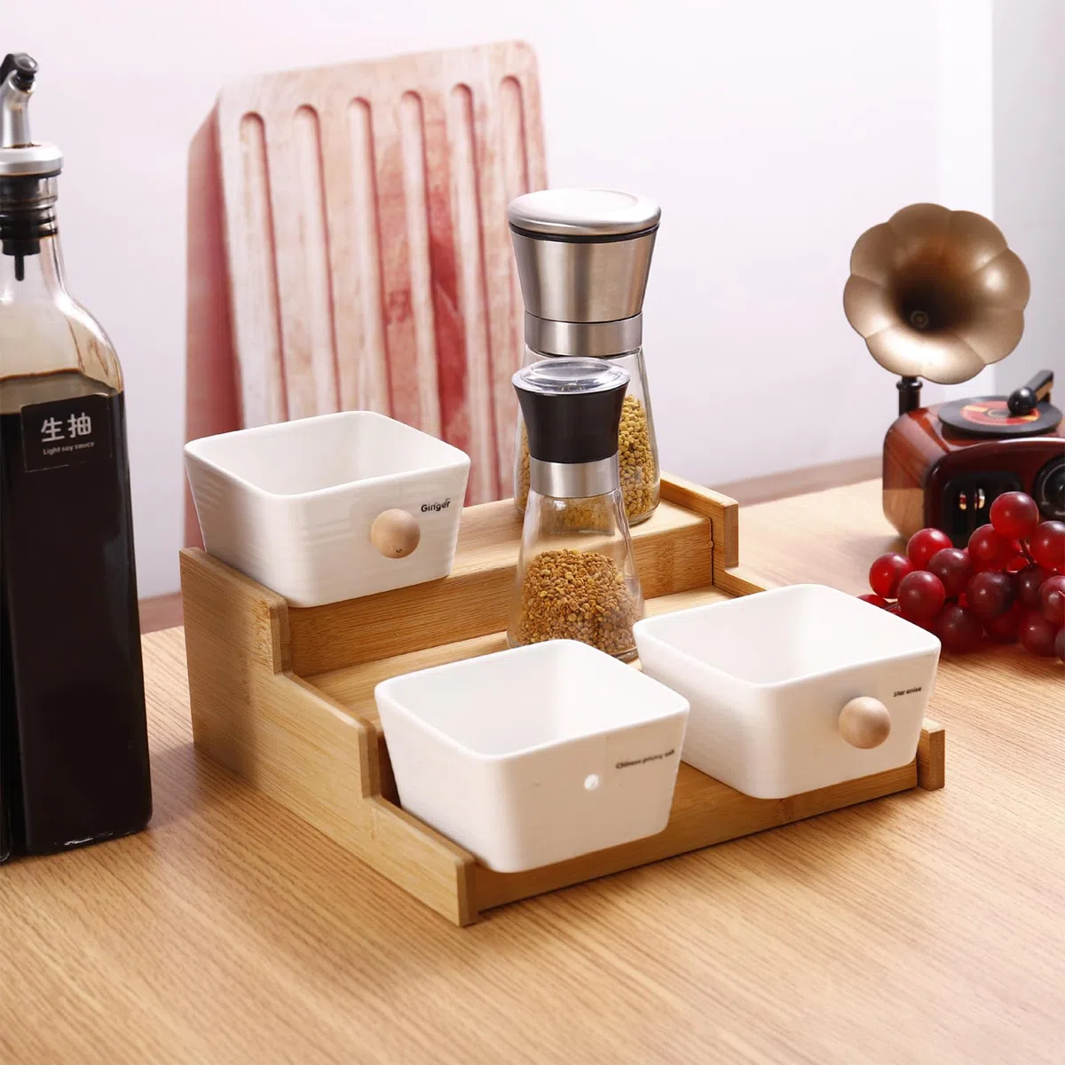 Especiero Extensible de 3 Niveles Especiero Bambú Organizador de Estante de Especias de 3 Niveles Soporte Botes Especias, Madera Natural para Armario de Cocina