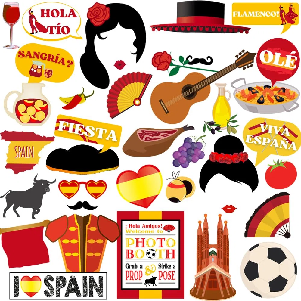 Htabiol Accesorios para fotomatón de España, 37 Piezas de decoración de Fiesta española, Rojo, Amarillo, Cultura española de Dibujos Animados, cartulina, Accesorios de Cabina de Fotos de Fiesta